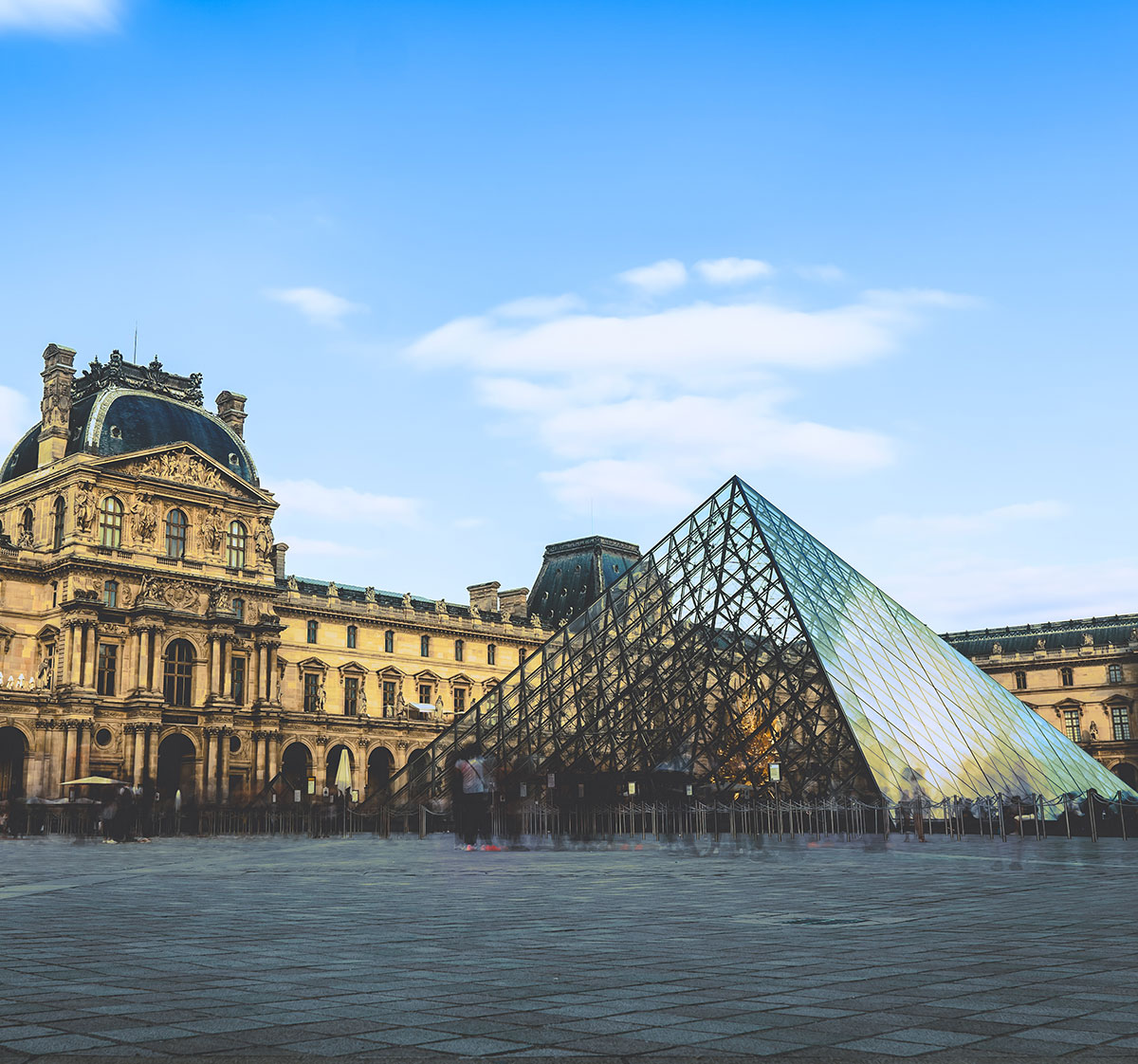 The Louvre Pyramid in Paris, France.