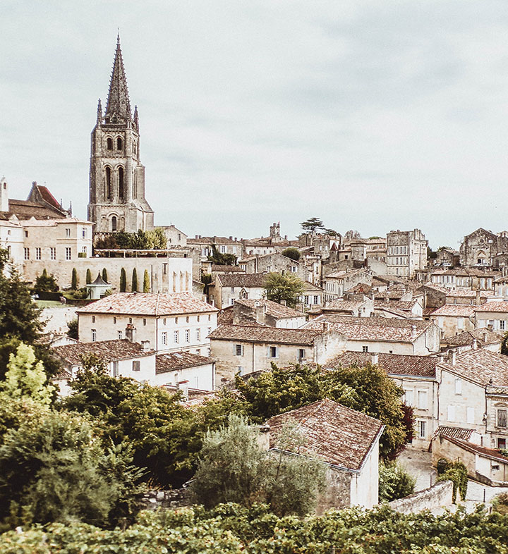 A skyline view of the city of Saint-Emilion in Bordeaux, France.