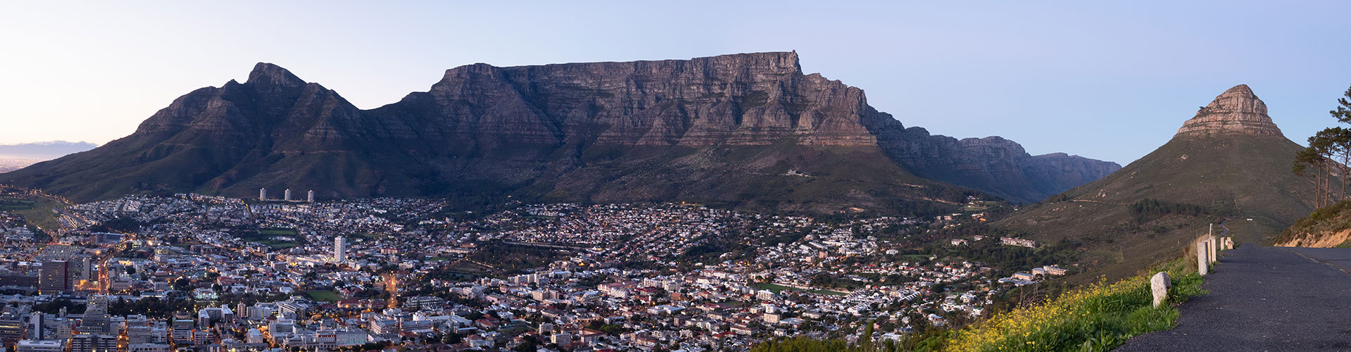 A view of Cape Town, Table Mountain, the Twelve Apostles and Lion's Head from Signal Hill in South Africa.
