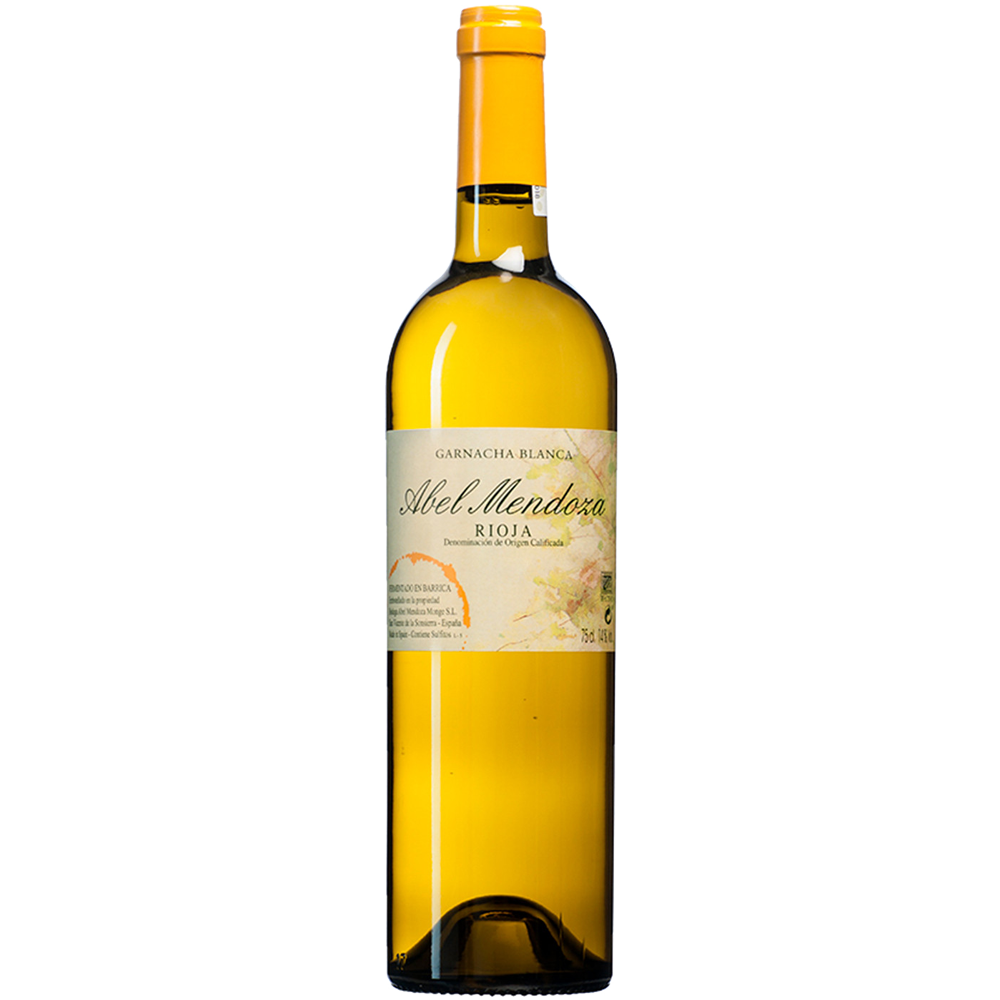 A bottle shot of Garnacha Blanca, a white wine produced by Abel Mendoza in Rioja, Spain.