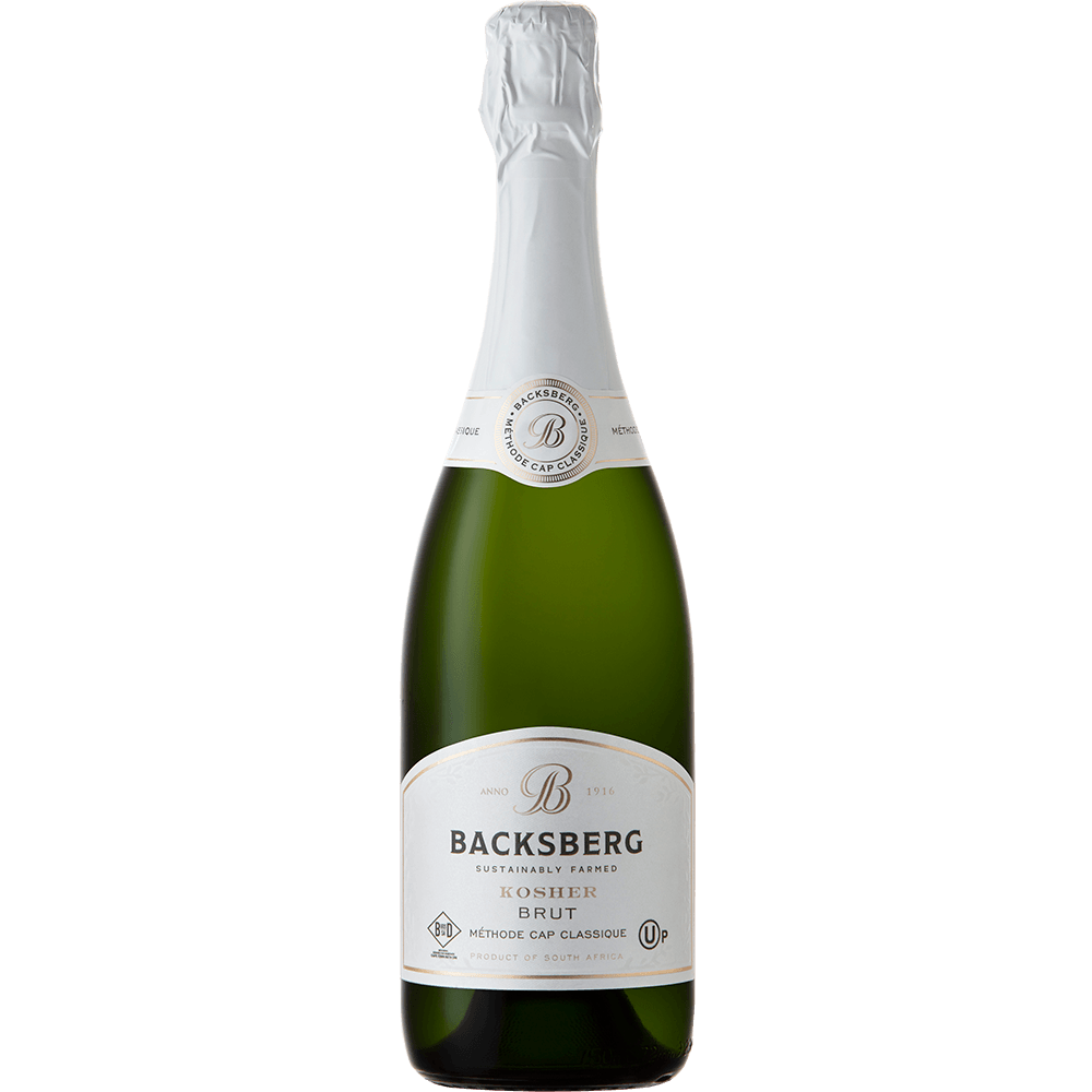 A bottle shot of Backsberg Kosher Brut MCC, a mevushal, sustainably farmed and carbon neutral wine from South Africa.