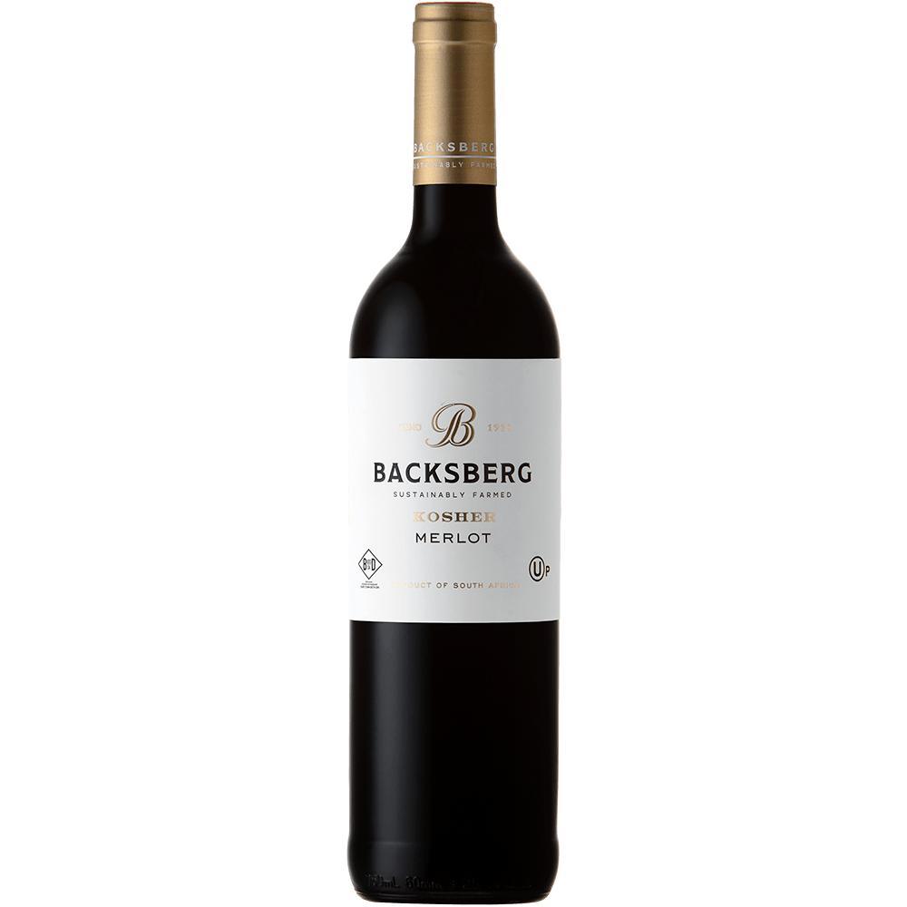 A bottle shot of Backsberg Kosher Merlot, a mevushal, sustainably farmed and carbon neutral wine from South Africa.