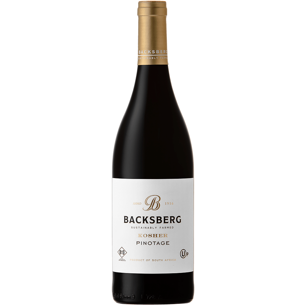 A bottle shot of Backsberg Kosher Pinotage, a mevushal, sustainably farmed and carbon neutral wine from South Africa.