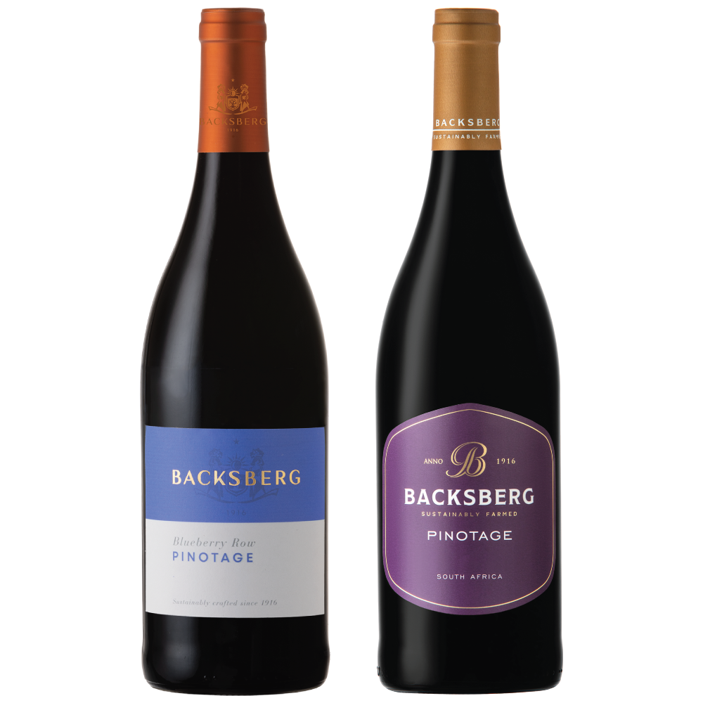 A bottle shot of the Backsberg Pinotage, a sustainably farmed and carbon neutral wine from South Africa.
