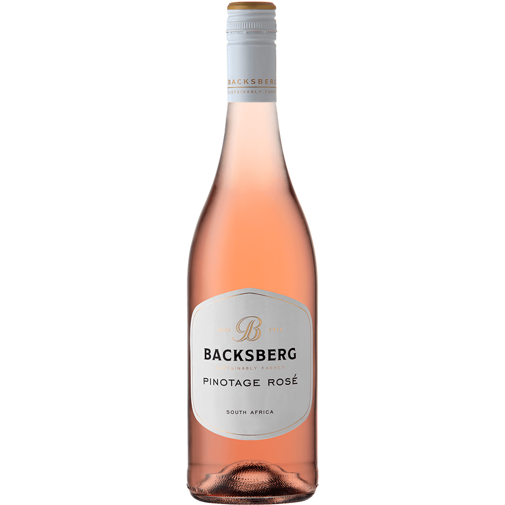 A bottle shot of the Backsberg Pinotage Rosé, a sustainably farmed and carbon neutral wine from South Africa.