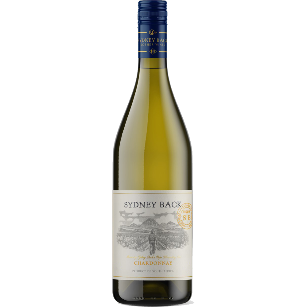 A bottle shot of Sydney Back Kosher Chardonnay, a mevushal, sustainably farmed, carbon neutral and kosher for passover wine from South Africa.