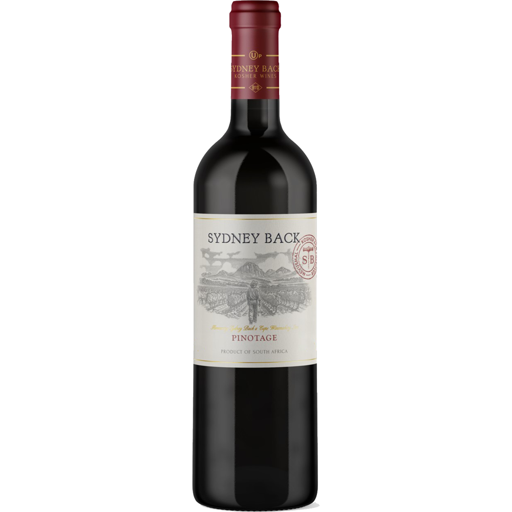 A bottle shot of Sydney Back Kosher Pinotage, a mevushal, sustainably farmed, carbon neutral and kosher for passover wine from South Africa.