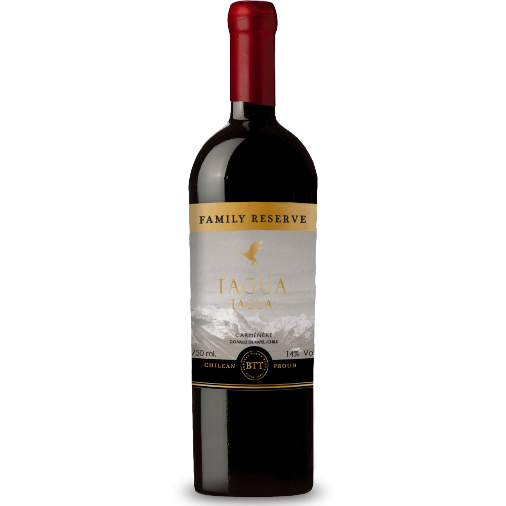 A bottle shot of the Bodegas Tagua Tagua Family Reserve Carmenere, a sustainable wine from Chile.