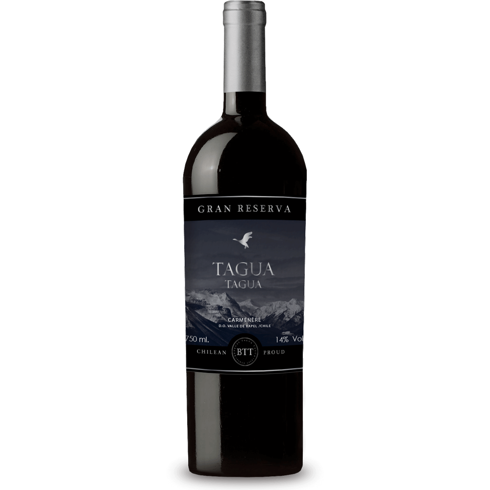 A bottle shot of the Bodegas Tagua Tagua Gran Reserva Carmenere, a sustainable wine from Chile.