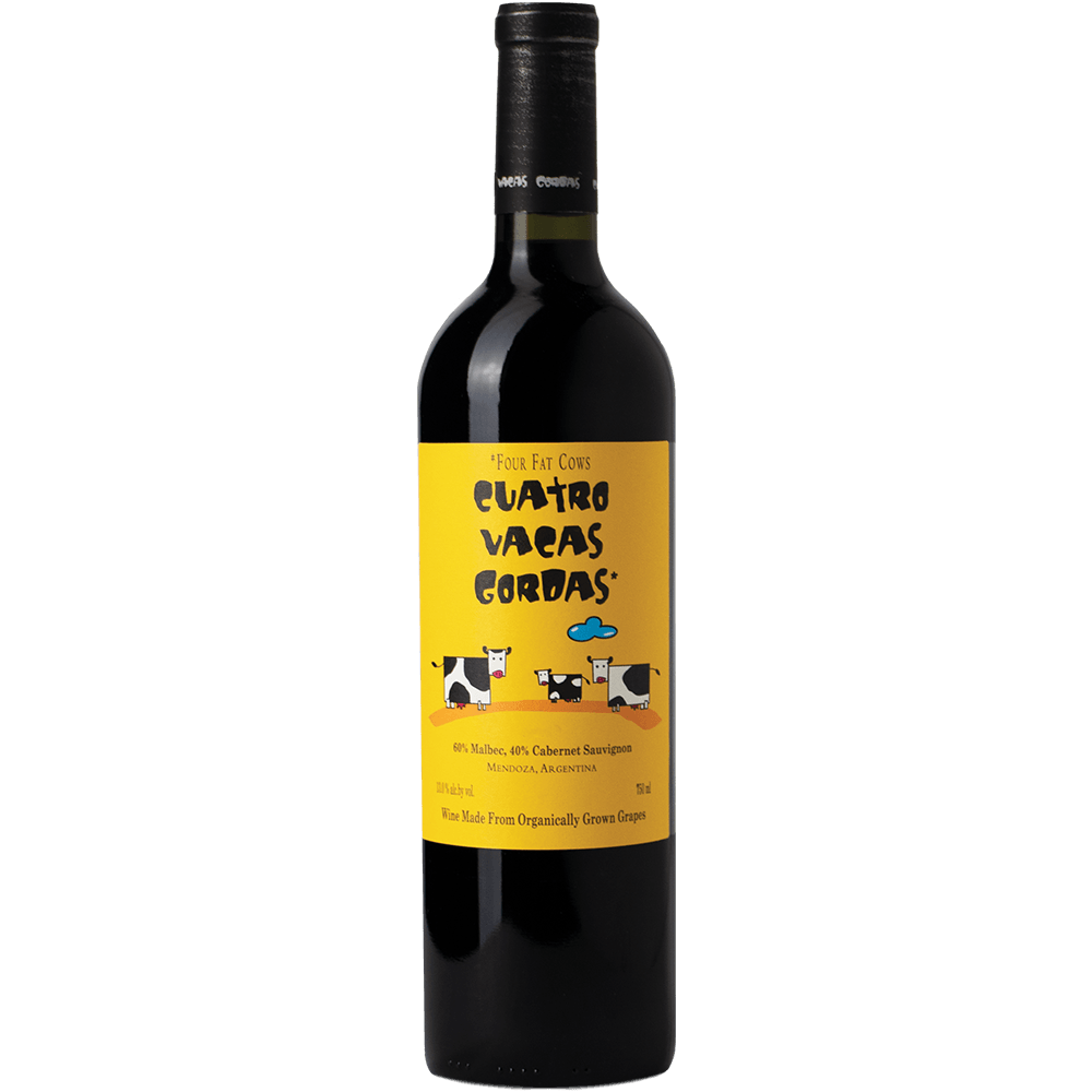 A bottle shot of the Cuatro Vacas Gordas Malbec Cabernet Sauvignon from organic winery, Caligiore in Argentina.