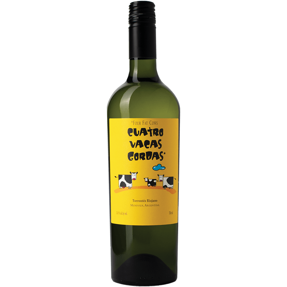 A bottle shot of the Cuatro Vacas Gordas Torrontes Riojano from organic winery, Caligiore in Argentina.