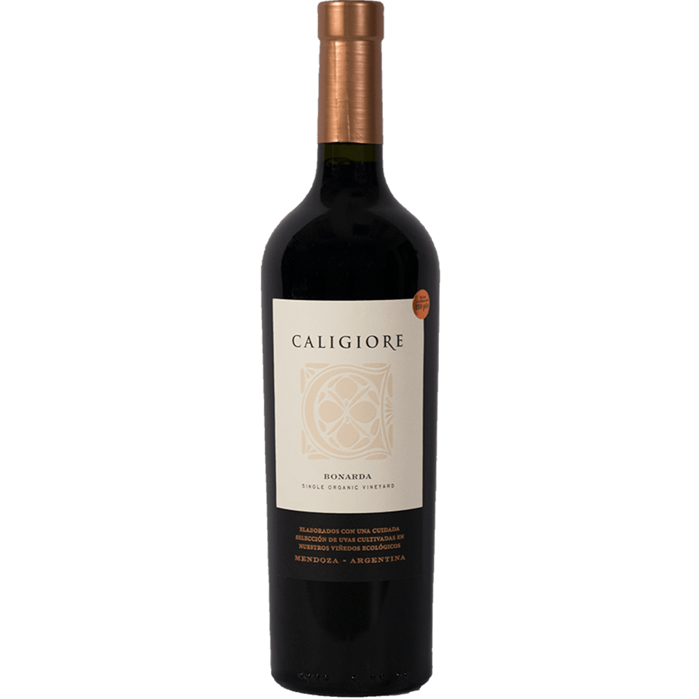 A bottle shot of the Single Organic Vineyard Reserva Bonarda from organic winery, Caligiore in Argentina.