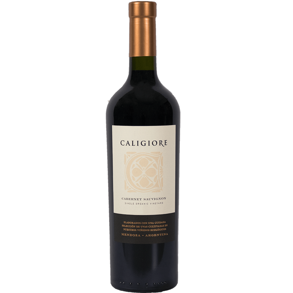A bottle shot of the Single Organic Vineyard Reserva Cabernet Sauvignon from organic winery, Caligiore in Argentina.