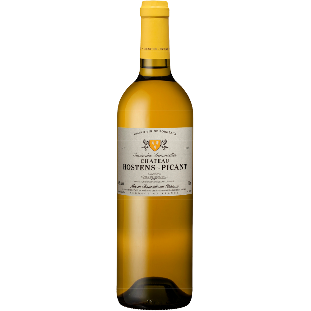 A bottle shot of the Chateau Hostens-Picant Cuvee des Demoiselles White wine from Bordeaux, France.