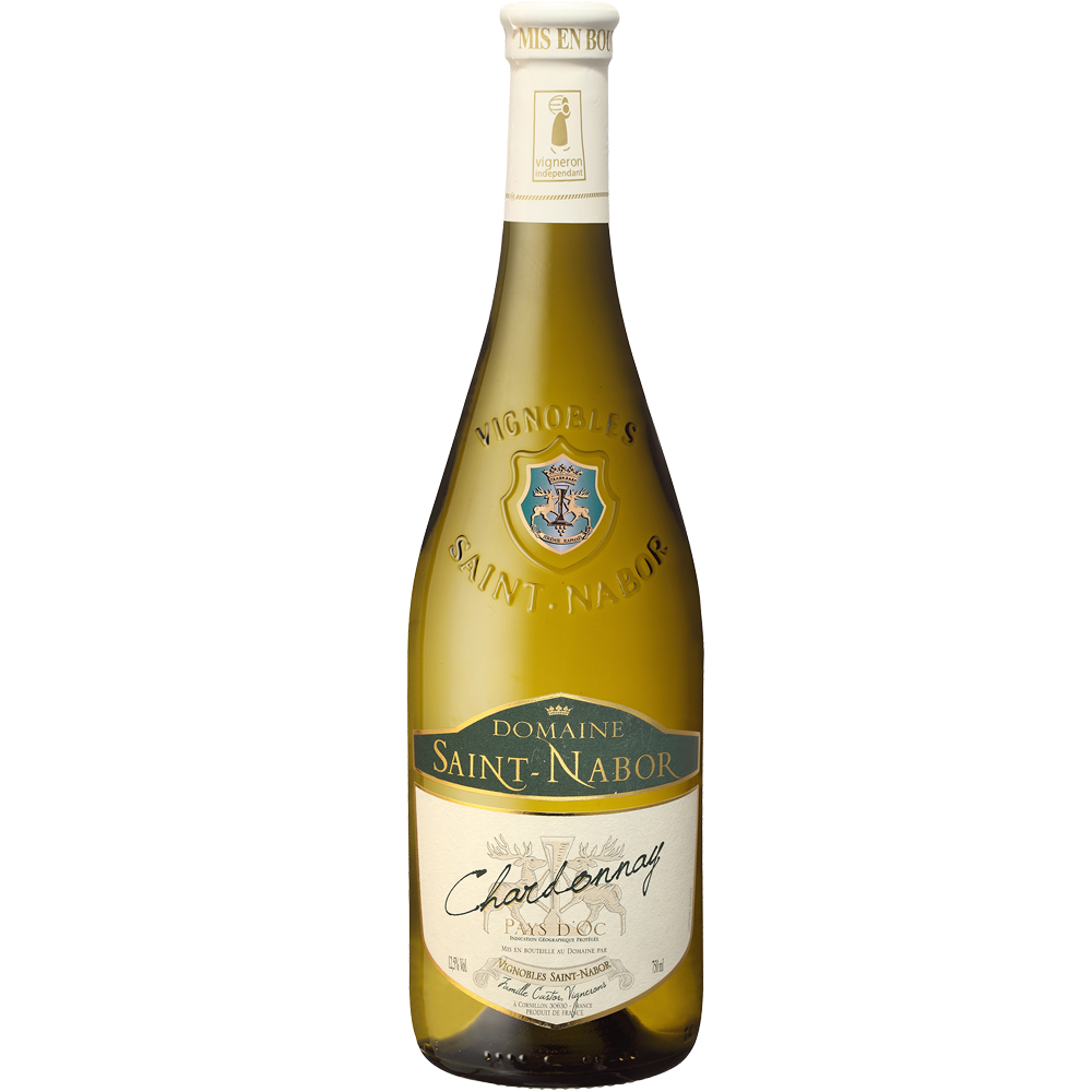 A bottle shot of the Chardonnay wine from Chateau Saint Nabor winery in the Southern Rhone, France.