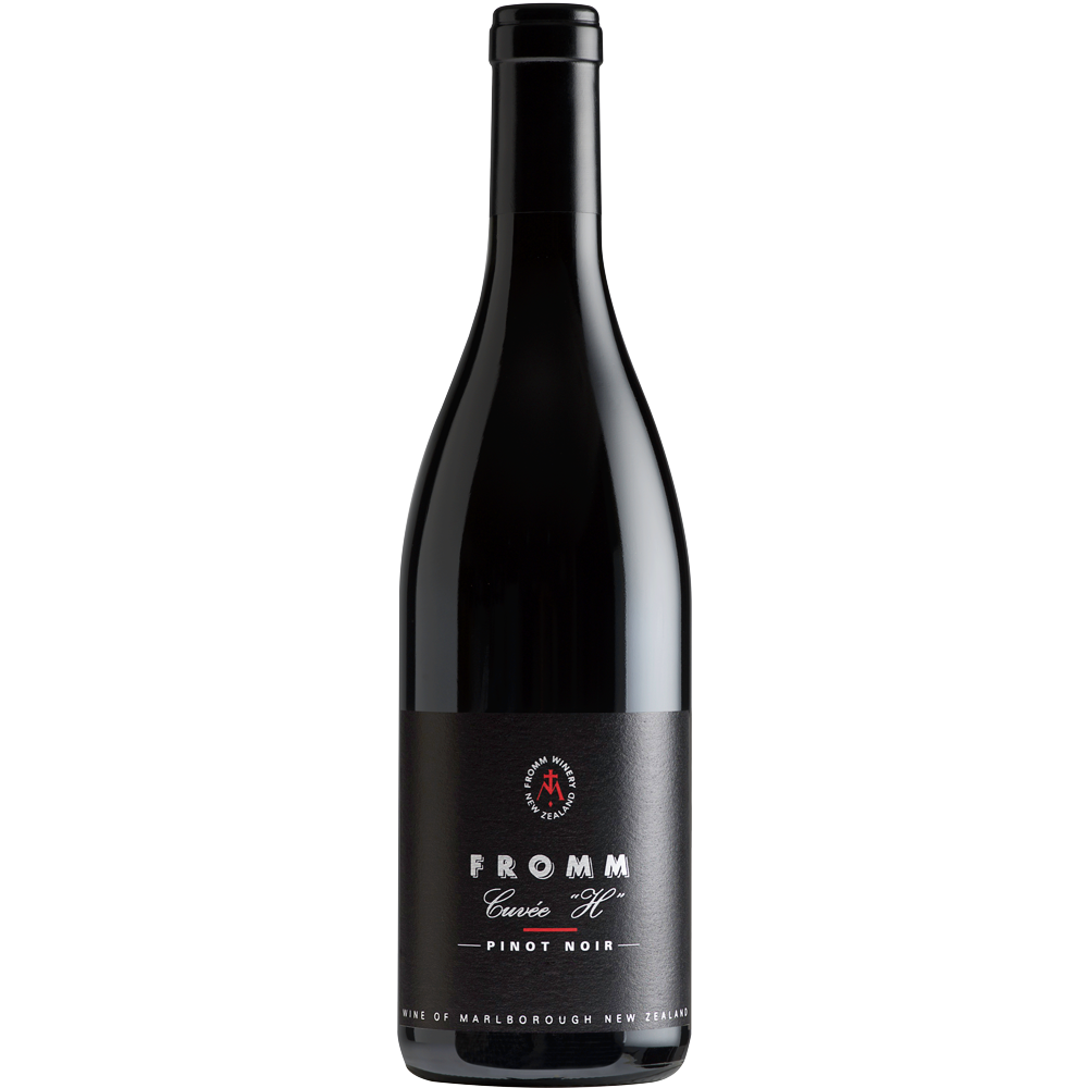 A bottle shot of organic Cuvee H Pinot Noir produced by Fromm winery in Marlborough, New Zealand.