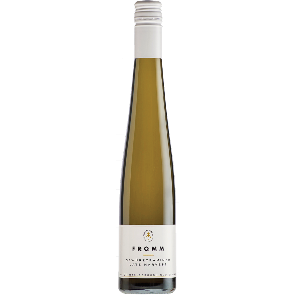 A bottle shot of organic Late Harvest Gewurztraminer produced by Fromm winery in Marlborough, New Zealand.