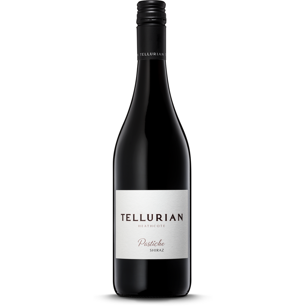 A bottle shot of Pastiche Shiraz organic red wine from Tellurian winery in the Heathcote region of Victoria, Australia.