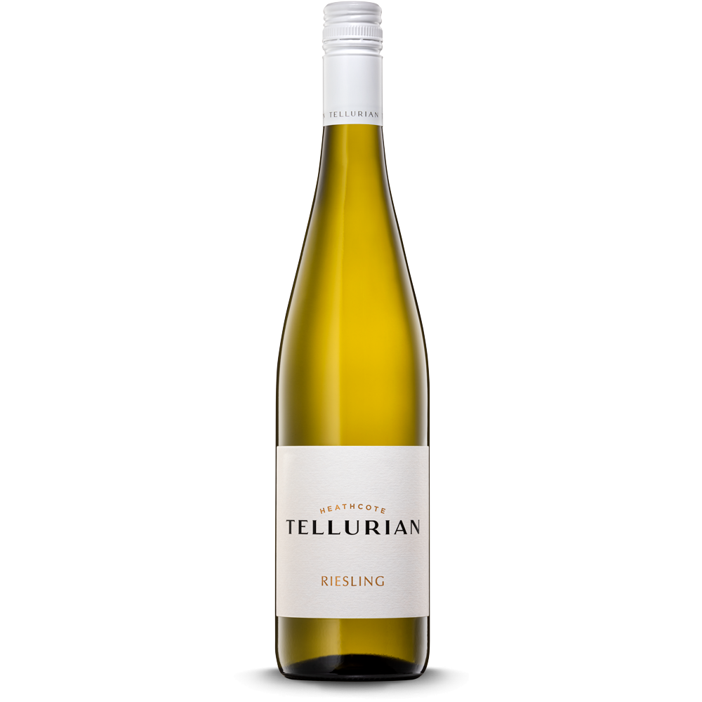 A bottle shot of Riesling organic white wine from Tellurian winery in the Heathcote region of Victoria, Australia.