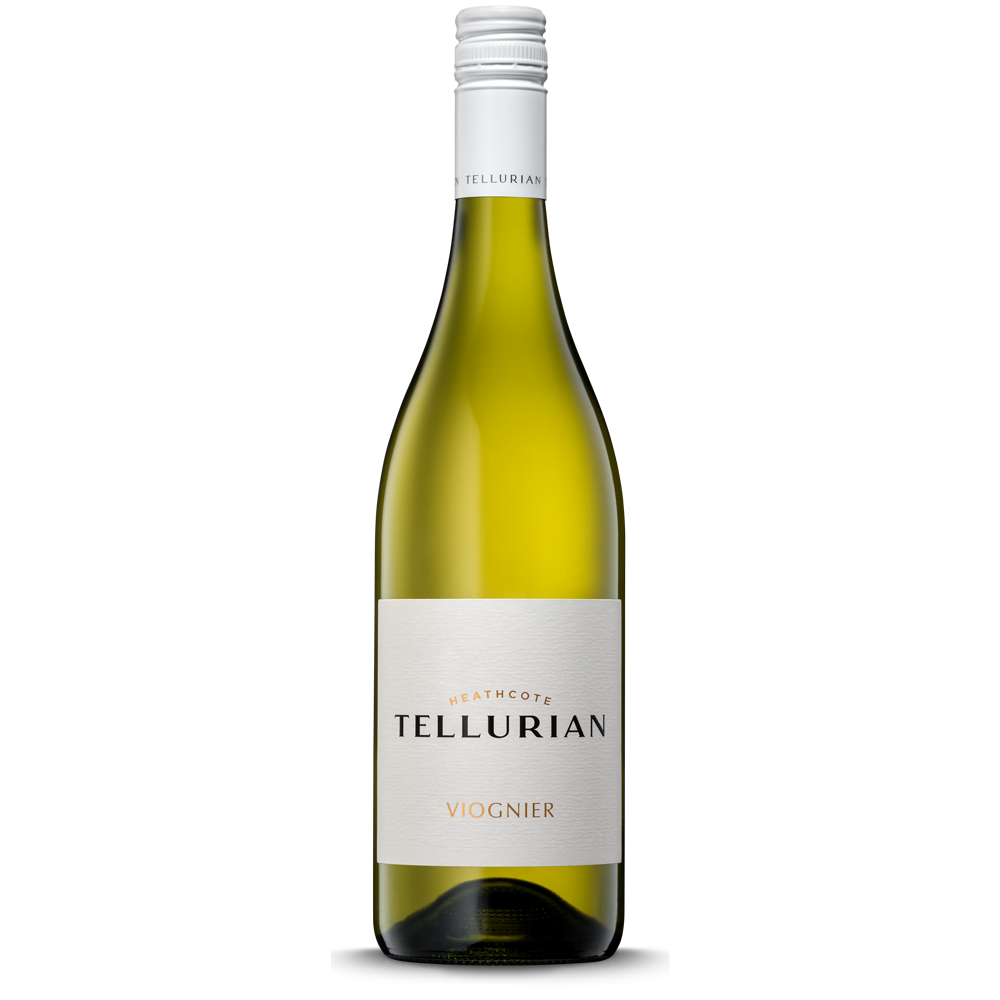 A bottle shot of Viognier organic white wine from Tellurian winery in the Heathcote region of Victoria, Australia.