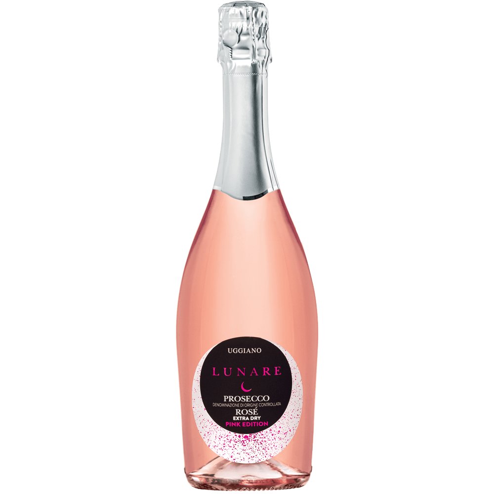 A bottle shot of the Uggiano Lunare Prosecco Rosé, a winery in Tuscany, Italy.