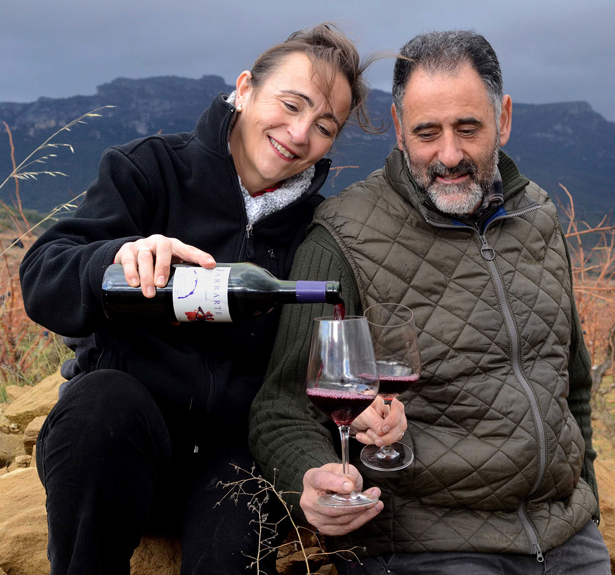 The husband and wife team of Maite Fernandez and Abel Mendoza enjoying a glass of their Carbonic Maceration Jarrarte wine.
