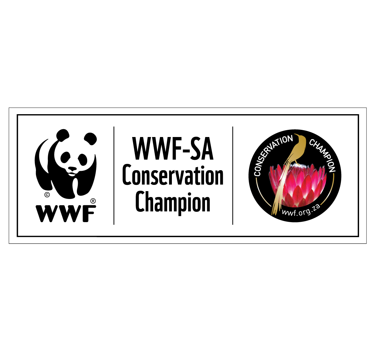 Conservation Champion logo for the WWF of South Africa with Panda, Sugar Bird and Protea flower.