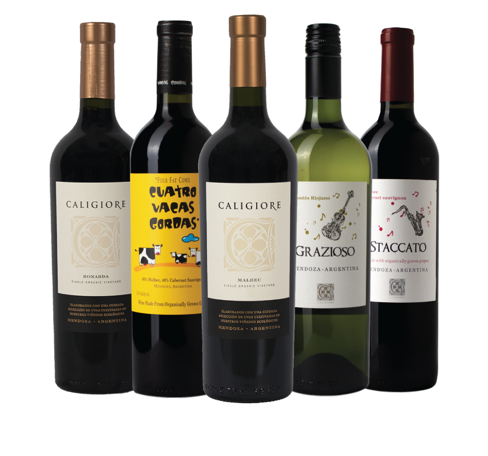 A selection of organic wines from Caligiore in Mendoza, Argentina, imported by Marquee Selections.