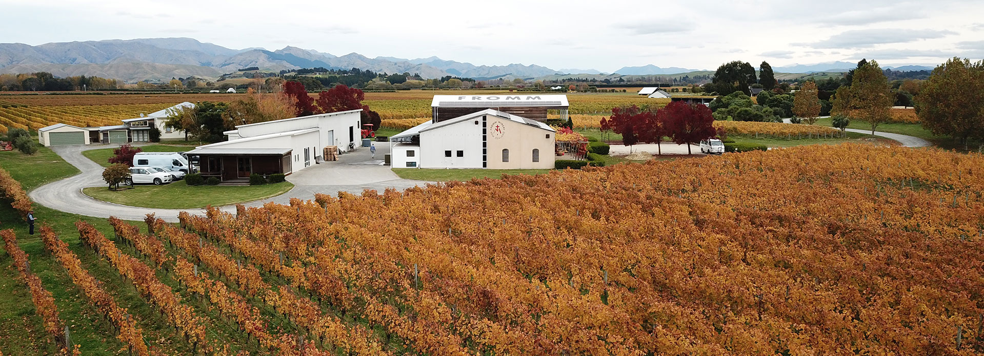 Aerial view of the FROMM Winery in Marlborough, New Zealand, in the middle of their organic vineyards.