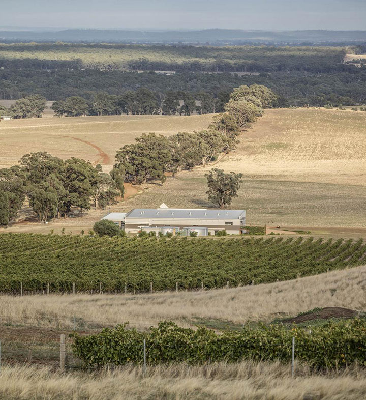 The Tellurian winery building as seen from their organic vineyards in Heathcote, Australia.